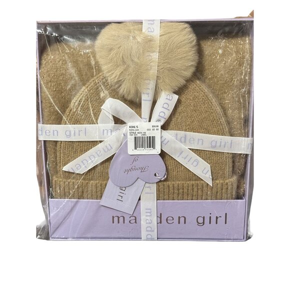 Madden GIrl Camel Scarf & Beanie Pom Pom Set Gift Boxed - Picture 1 of 1